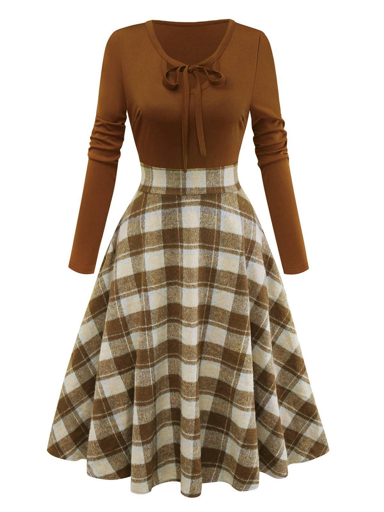 Braun 1950er Krawattenhals Stricken Plaid Kleid