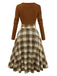 Braun 1950er Krawattenhals Stricken Plaid Kleid