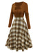 Braun 1950er Krawattenhals Stricken Plaid Kleid