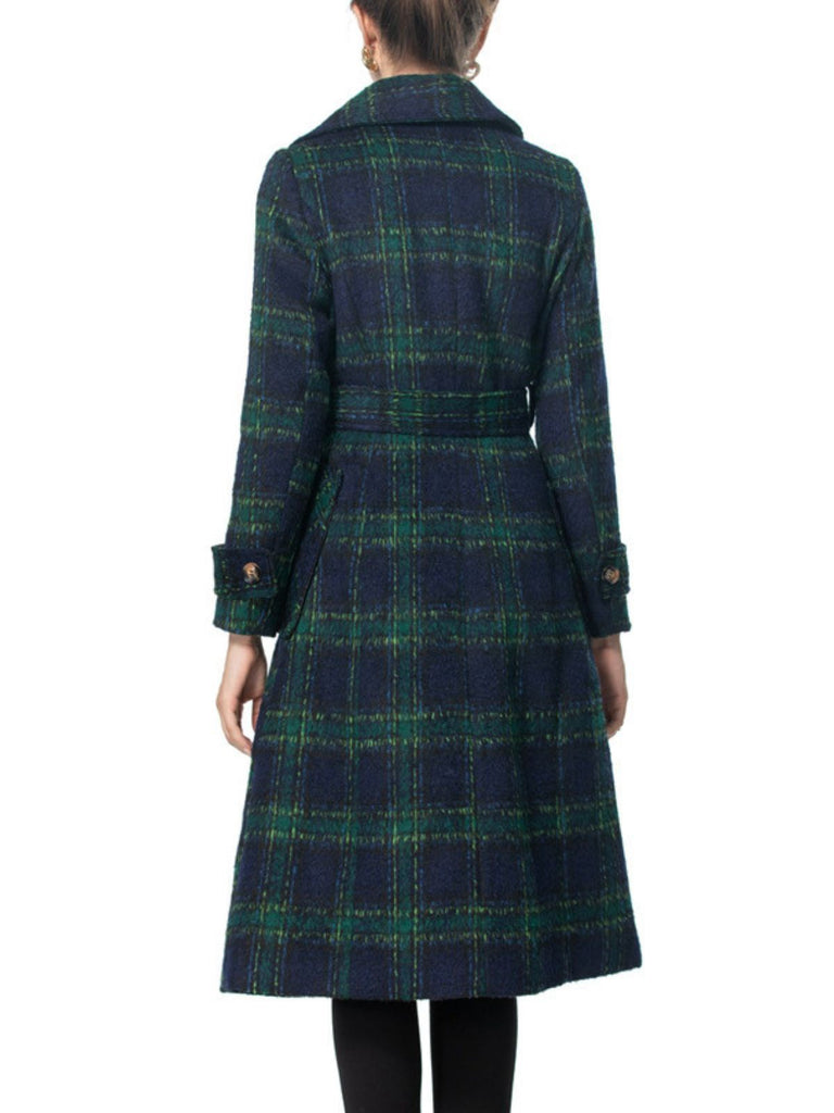 Grün 1940er Gekerbter Kragen Blackwatch Plaid Lang Mantel