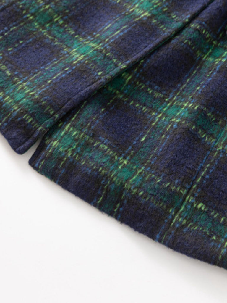 Grün 1940er Gekerbter Kragen Blackwatch Plaid Lang Mantel