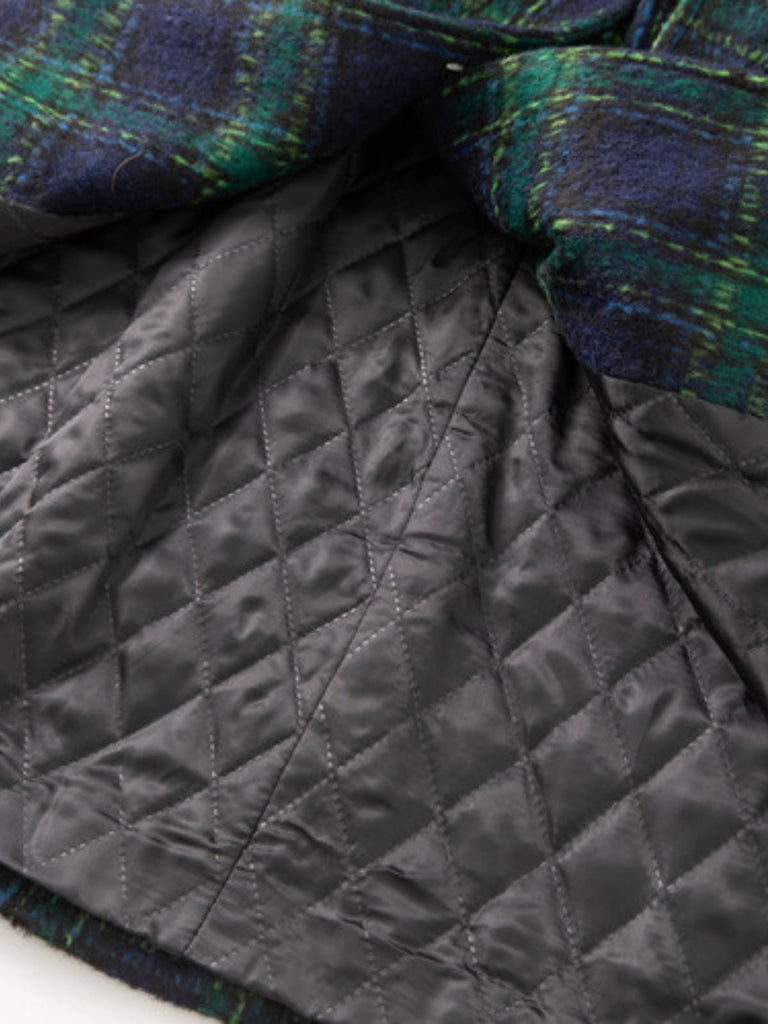 Grün 1940er Gekerbter Kragen Blackwatch Plaid Lang Mantel