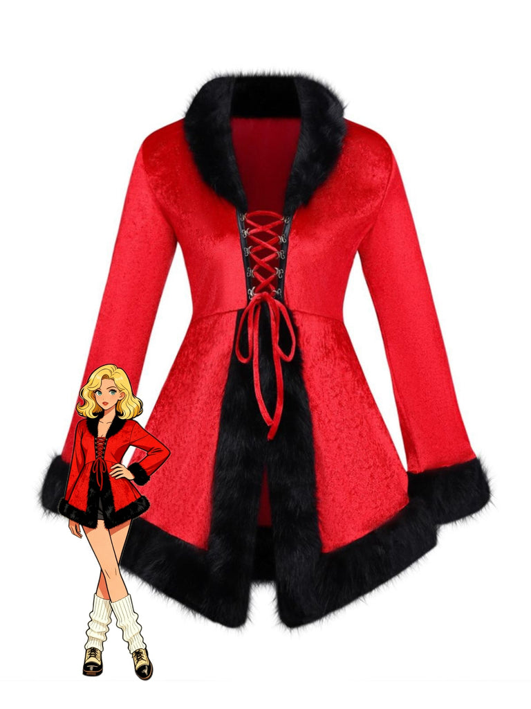 Rot 1970er Weihnachten Pelzbesatz Schnürung Samt Kleid