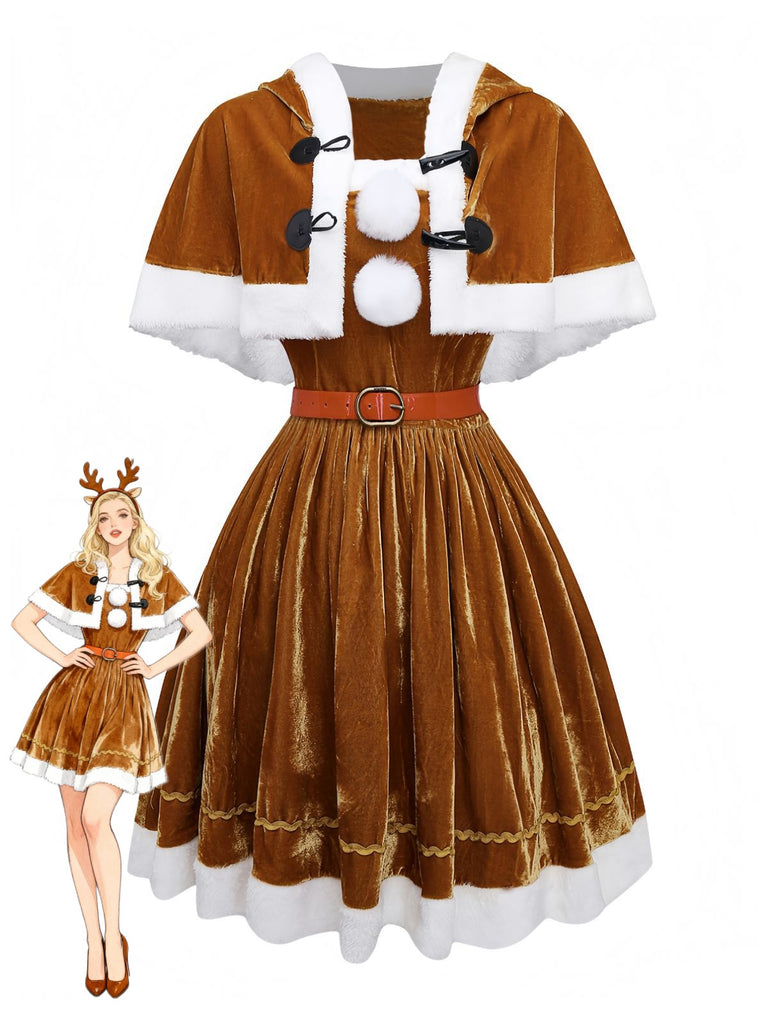 2PCS Braun 1940er Weihnachtselch Cape & Samt Kleid