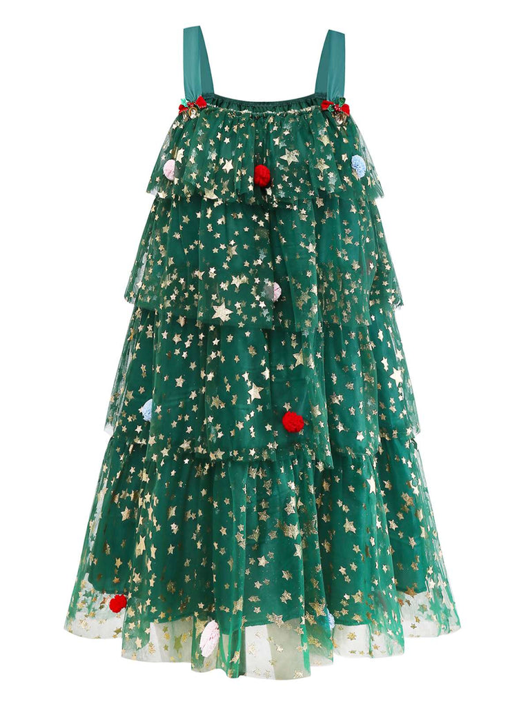 Grün 1960er Weihnachten Baum Bommel Bälle Netz Kleid