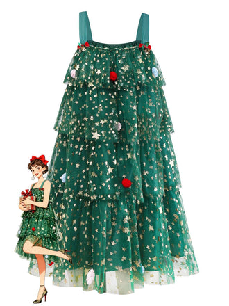 Grün 1960er Weihnachten Baum Bommel Bälle Netz Kleid