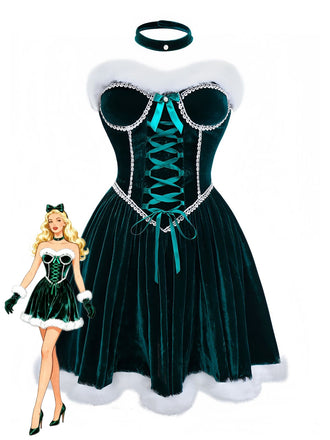 Grün 1960er Samt Trägerloses Schnürung Mini Kleid