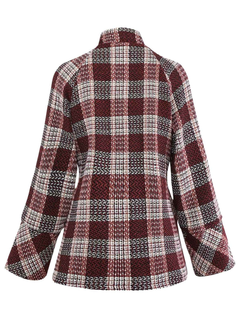 Rot 1950er Karo Tweed Stehkragen Mantel