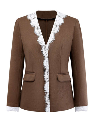 Braun 1950er Spitze Patchwork Langarm Taste Jacke