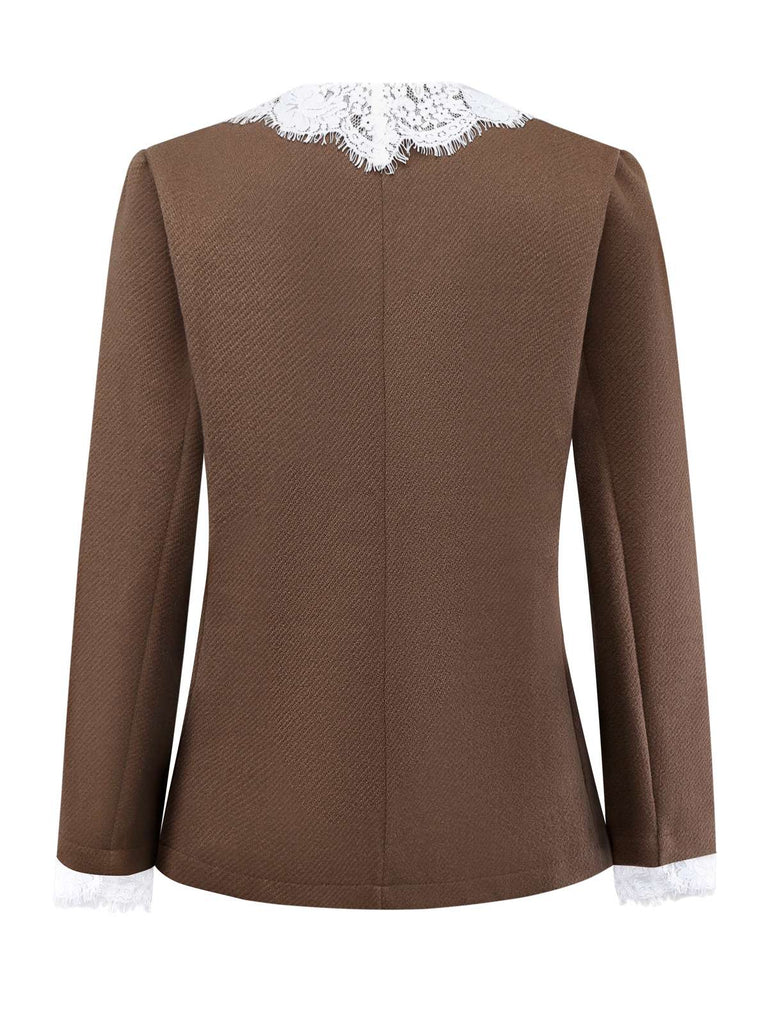 Braun 1950er Spitze Patchwork Langarm Taste Jacke