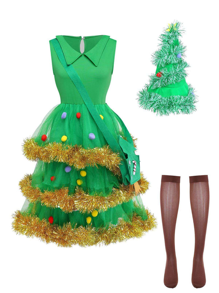 Grün 1950er Weihnachten Baum Abgestuft Kleid Set