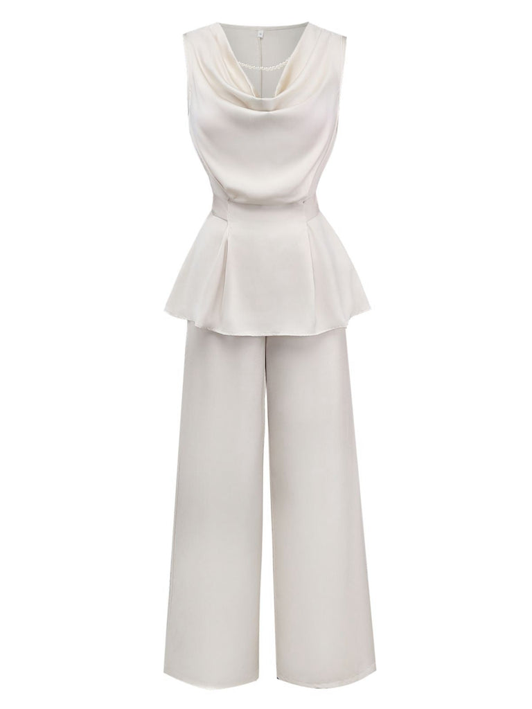 2PCS Beige 1950er Solide Ärmellos Rollkragen Top & Hosen