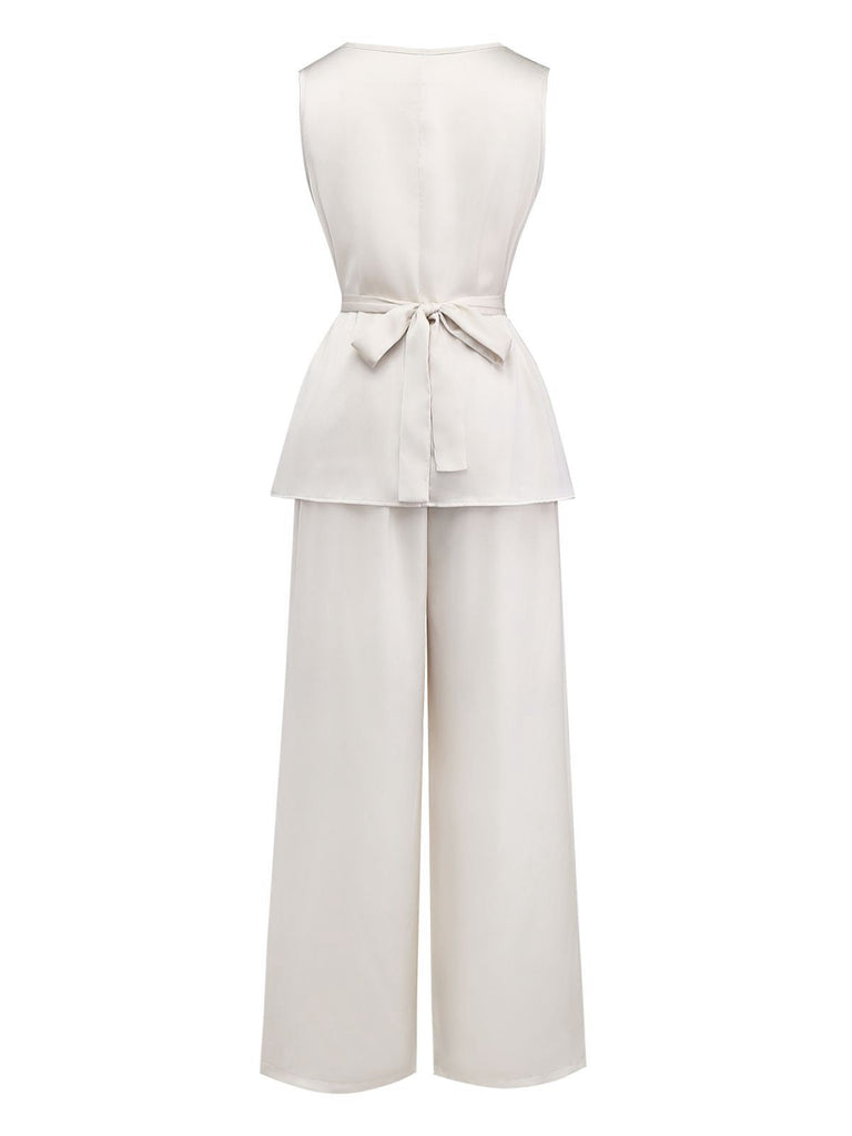 2PCS Beige 1950er Solide Ärmellos Rollkragen Top & Hosen