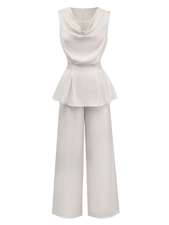 2PCS Beige 1950er Solide Ärmellos Rollkragen Top & Hosen