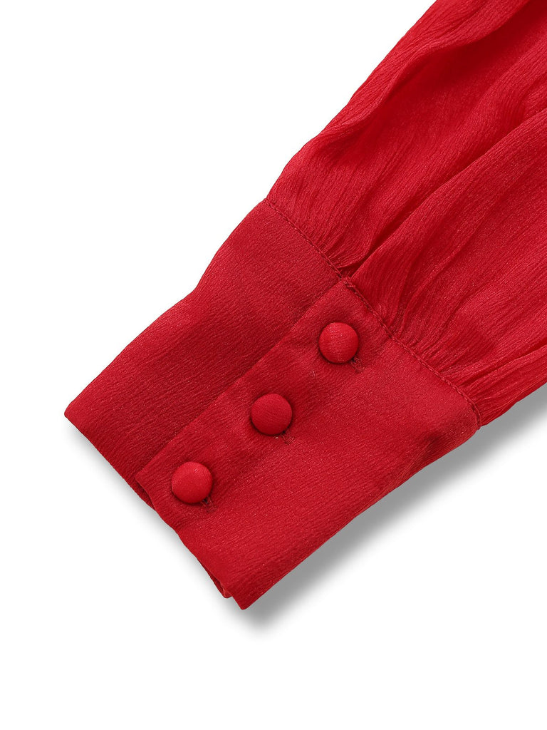 Rot 1960er Solide Gerüschtes Krawattenhals Langarm Kleid