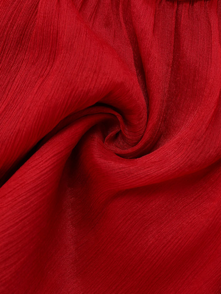 Rot 1960er Solide Gerüschtes Krawattenhals Langarm Kleid