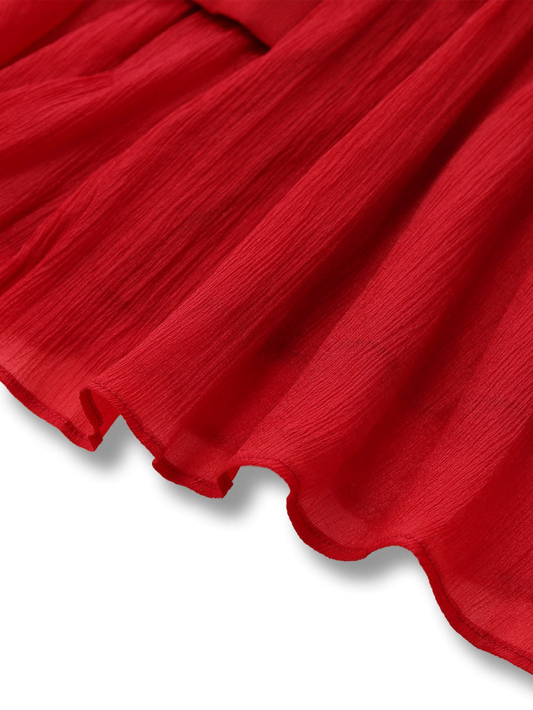 Rot 1960er Solide Gerüschtes Krawattenhals Langarm Kleid