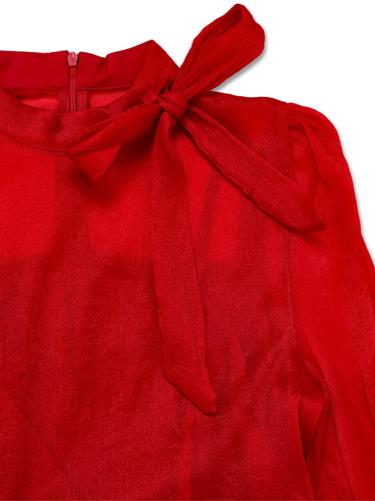 Rot 1960er Solide Gerüschtes Krawattenhals Langarm Kleid