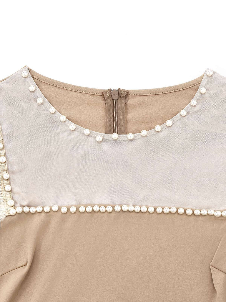 Beige 1930er Perlenbesetzt & Feder Patchwork Meerjungfrauen Kleid