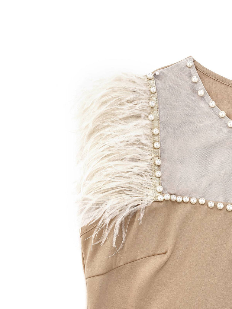 Beige 1930er Perlenbesetzt & Feder Patchwork Meerjungfrauen Kleid