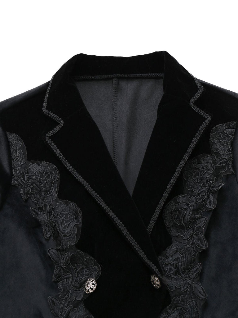 Schwarz 1950er Bestickt Blumen Victorian Stil Jacke