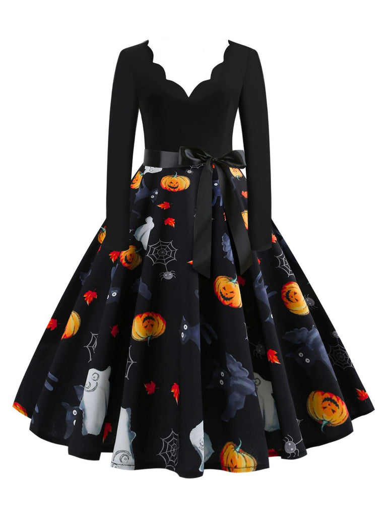 1950er Halloween Kürbis Spinnennetz Blütenblatthals Kleid