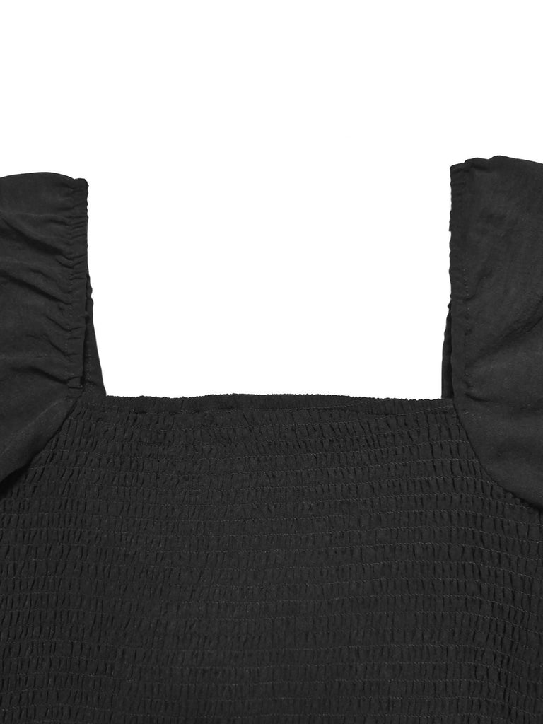 1950er Solide Quadratischer Hals Gesmokt Lang Jumpsuit