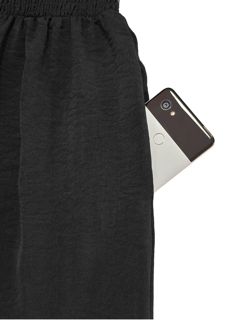 1950er Solide Quadratischer Hals Gesmokt Lang Jumpsuit