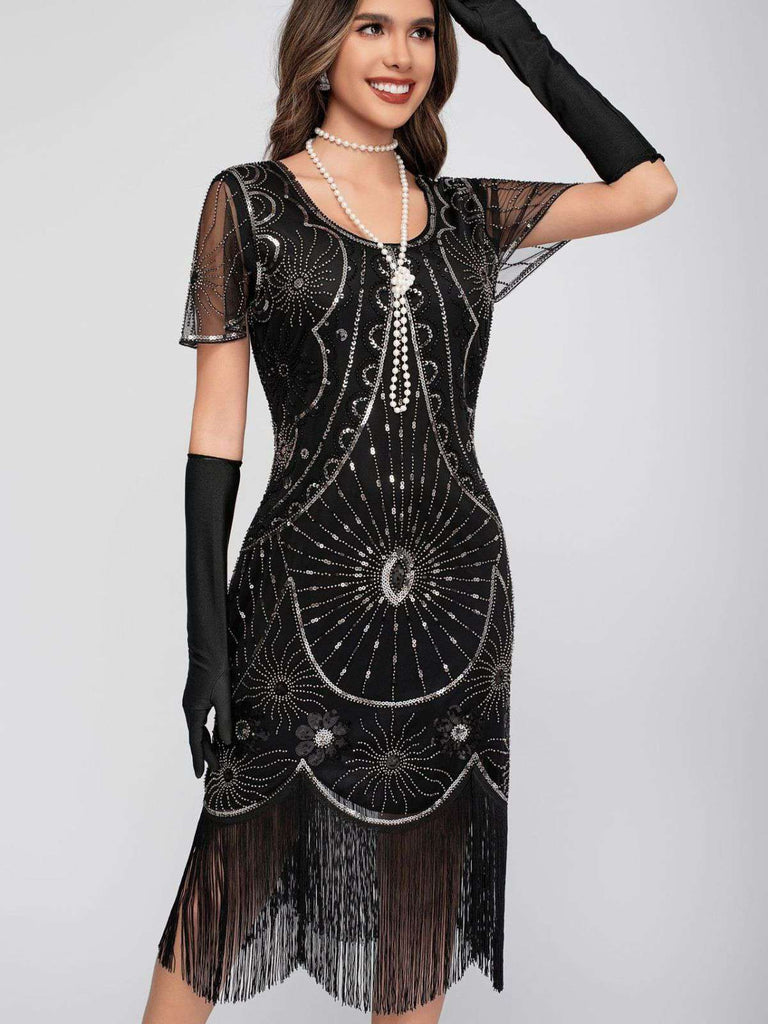 1920er Rundhalsausschnitt Paillette Franse Klappe Kleid