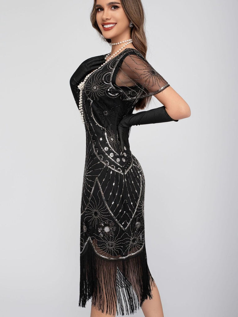 1920er Rundhalsausschnitt Paillette Franse Klappe Kleid