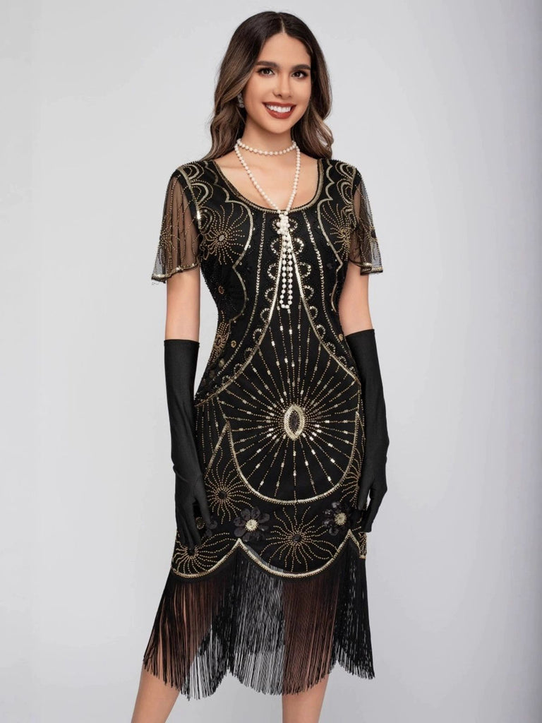 1920er Rundhalsausschnitt Paillette Franse Klappe Kleid