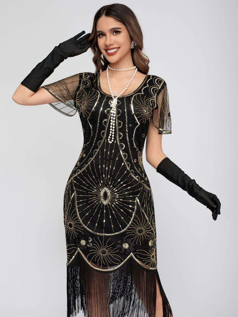 1920er Rundhalsausschnitt Paillette Franse Klappe Kleid