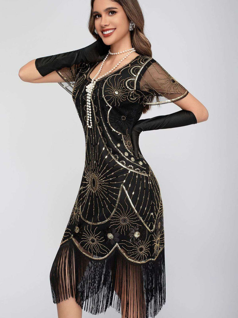 1920er Rundhalsausschnitt Paillette Franse Klappe Kleid