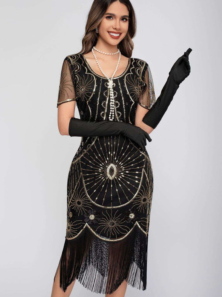 1920er Rundhalsausschnitt Paillette Franse Klappe Kleid