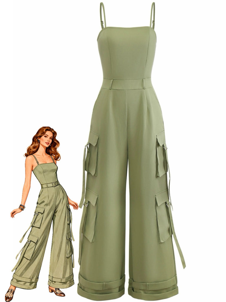 1970er Solide Spaghetti Träger Cargo Stil Weitbeinig Jumpsuit