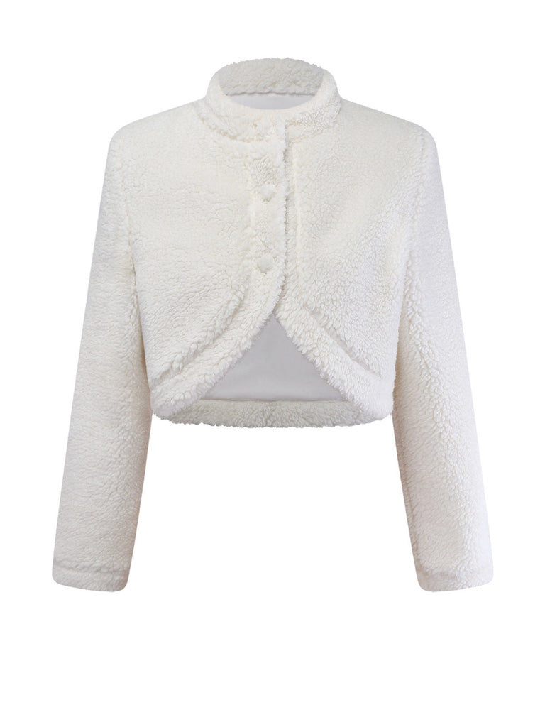 Weiß 1960er Faux-Wolle Stehkragen Jacke