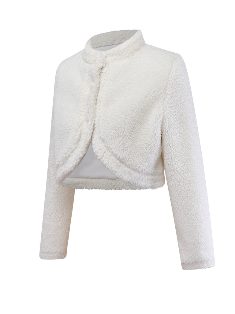 Weiß 1960er Faux-Wolle Stehkragen Jacke