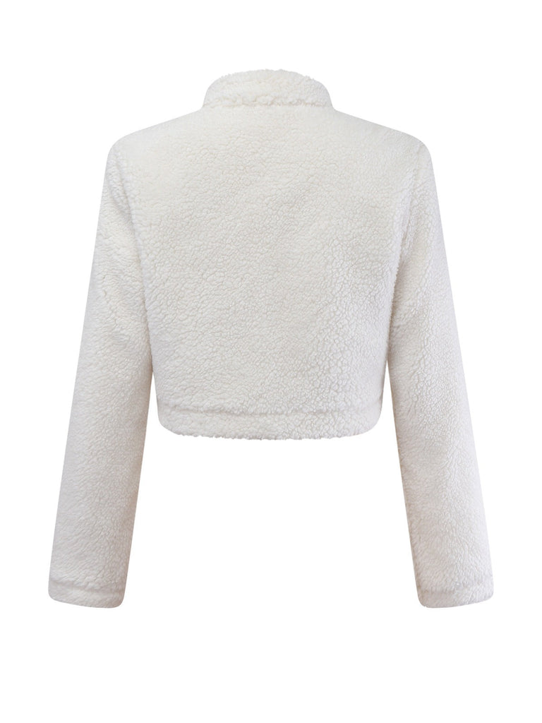 Weiß 1960er Faux-Wolle Stehkragen Jacke