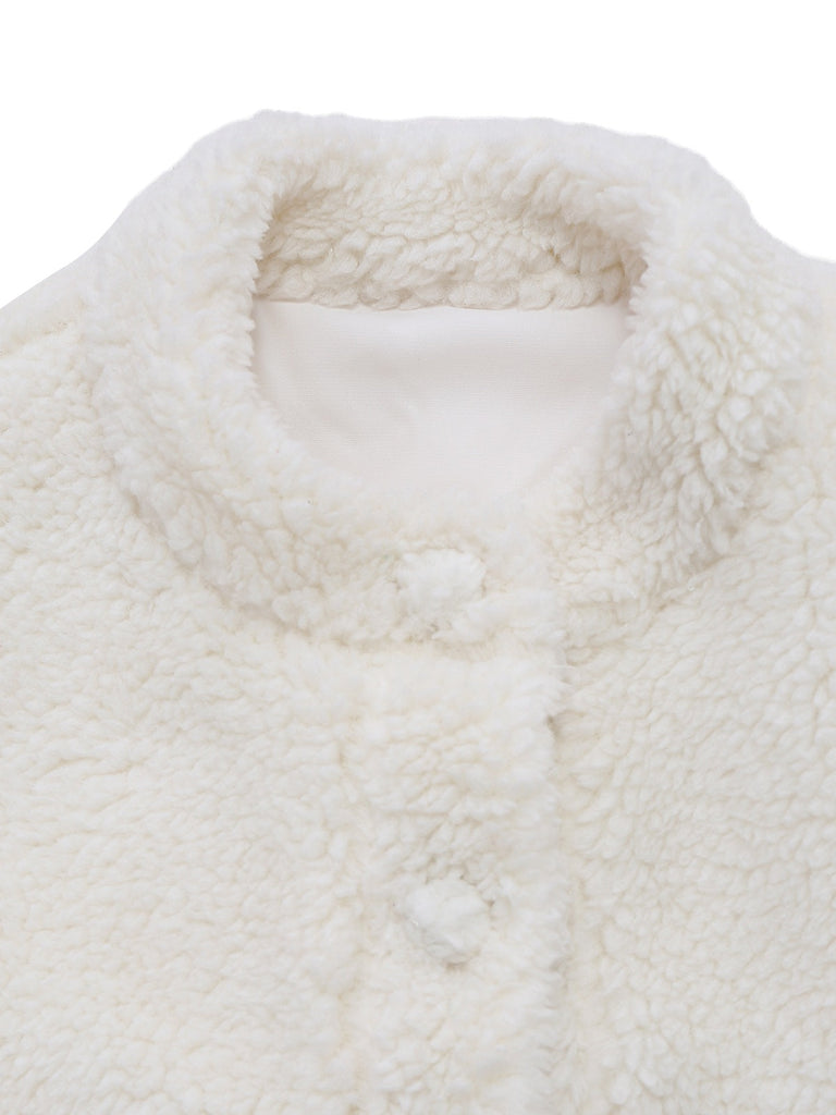 Weiß 1960er Faux-Wolle Stehkragen Jacke