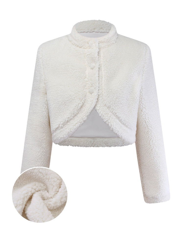 Weiß 1960er Faux-Wolle Stehkragen Jacke