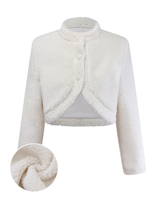 Weiß 1960er Faux-Wolle Stehkragen Jacke