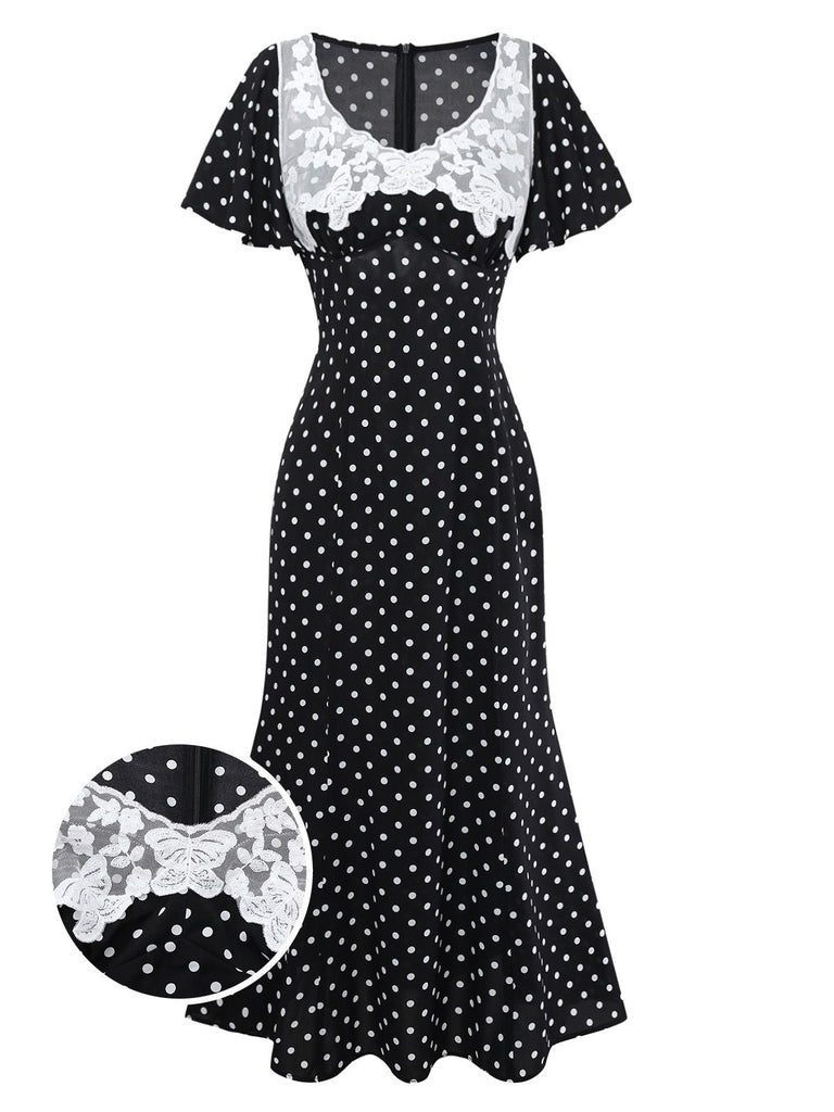 [Vorverkauf] Schwarz 1930er Spitze Patchwork Polka Dot Kleid