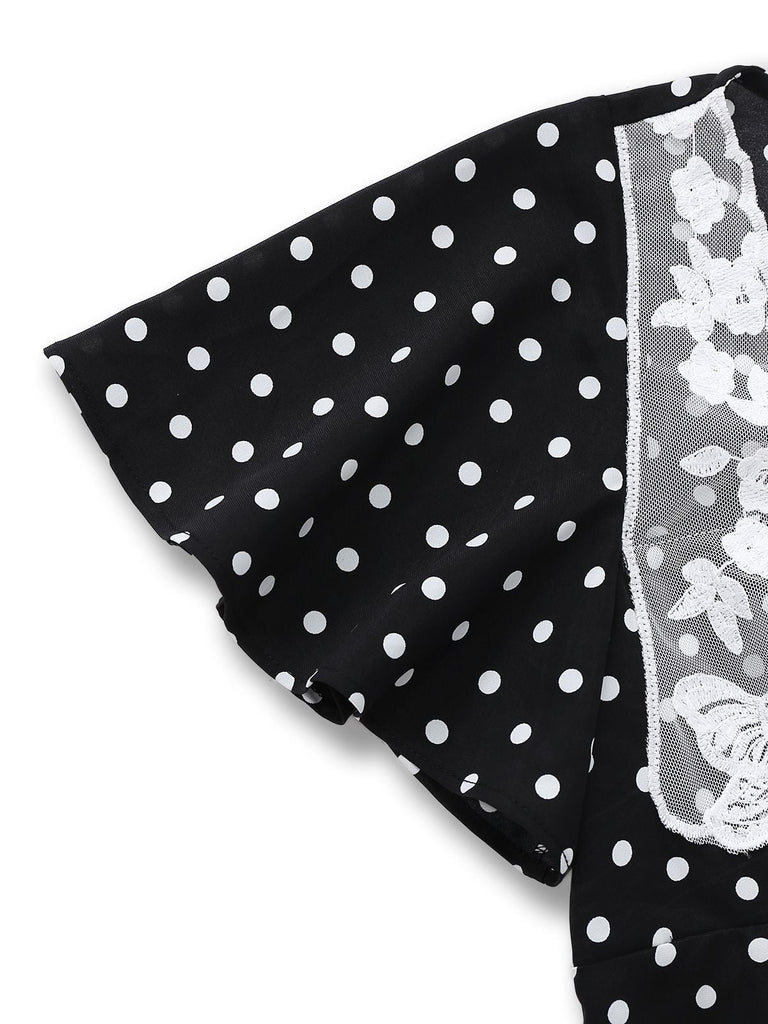 [Vorverkauf] Schwarz 1930er Spitze Patchwork Polka Dot Kleid
