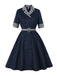 Blau 1950er Zweireihig Plaid Revers Gürtel Kleid