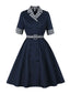 Blau 1950er Zweireihig Plaid Revers Gürtel Kleid