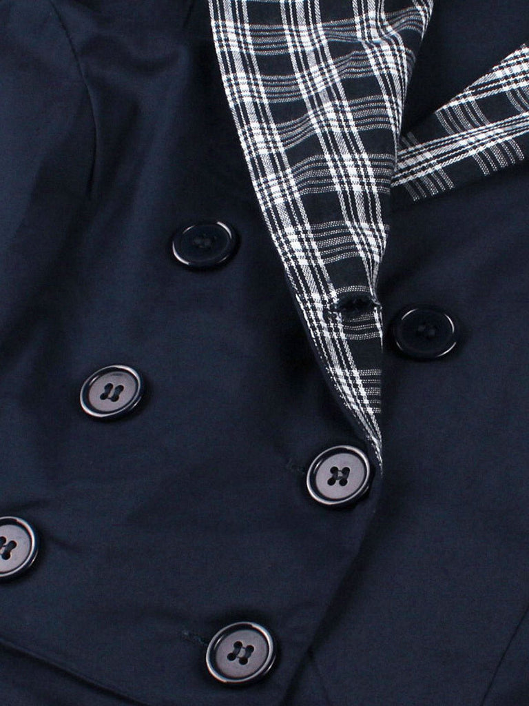 Blau 1950er Zweireihig Plaid Revers Gürtel Kleid