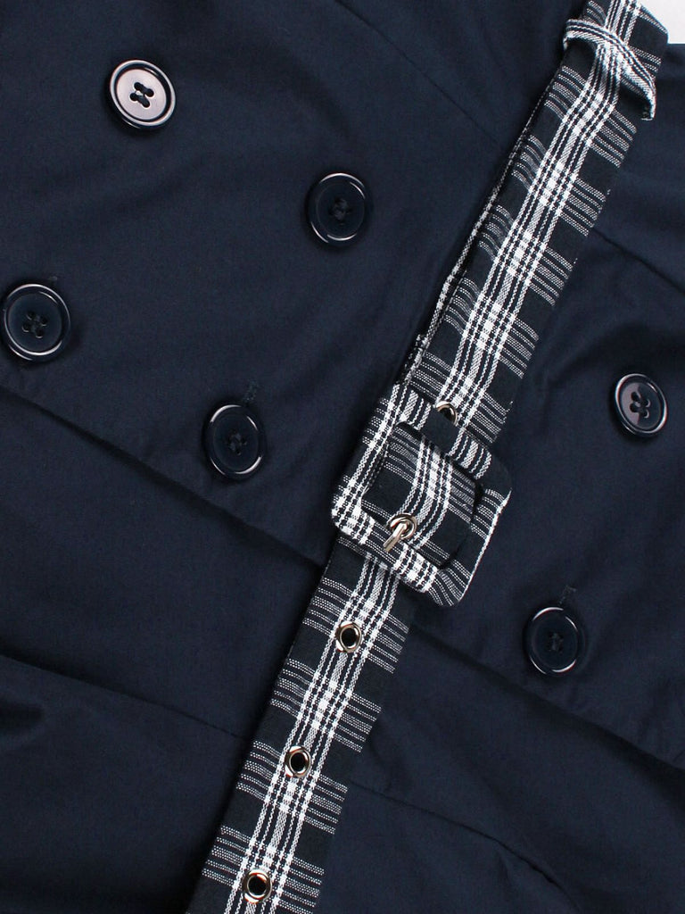 Blau 1950er Zweireihig Plaid Revers Gürtel Kleid
