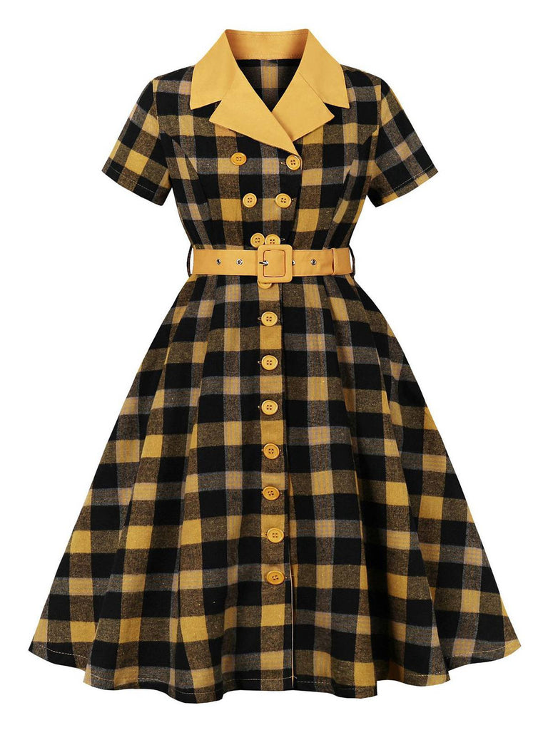 1950er Gingham Plaid Tasten Revers Gürtel Kleid