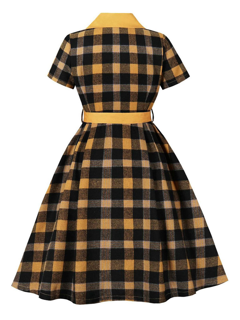 1950er Gingham Plaid Tasten Revers Gürtel Kleid