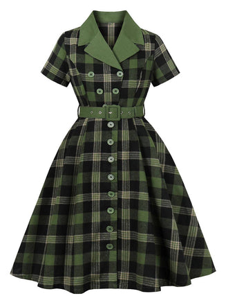 1950er Gingham Plaid Tasten Revers Gürtel Kleid